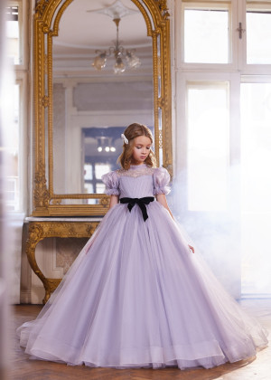 Puff Sleeves Beaded Tulle Flower Girl Dress With Horsehair Hem